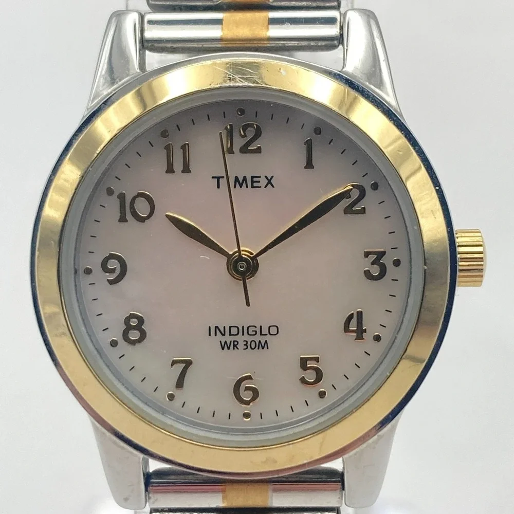 Timex Women's Watch 25mm Silver Gold Two Tone MOP Indiglo Stretch New Battery